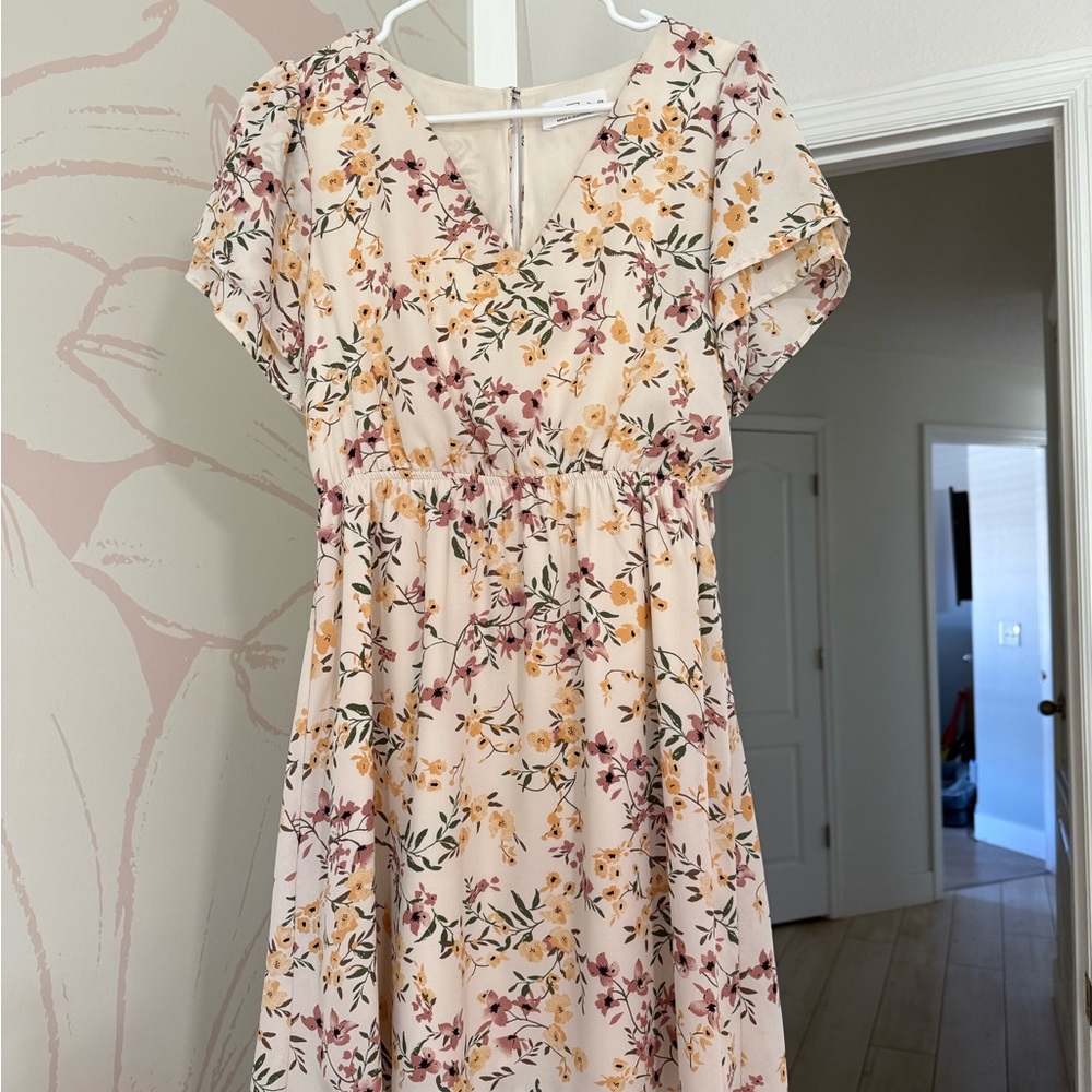 Floral Midi Dress in Cream and Pink